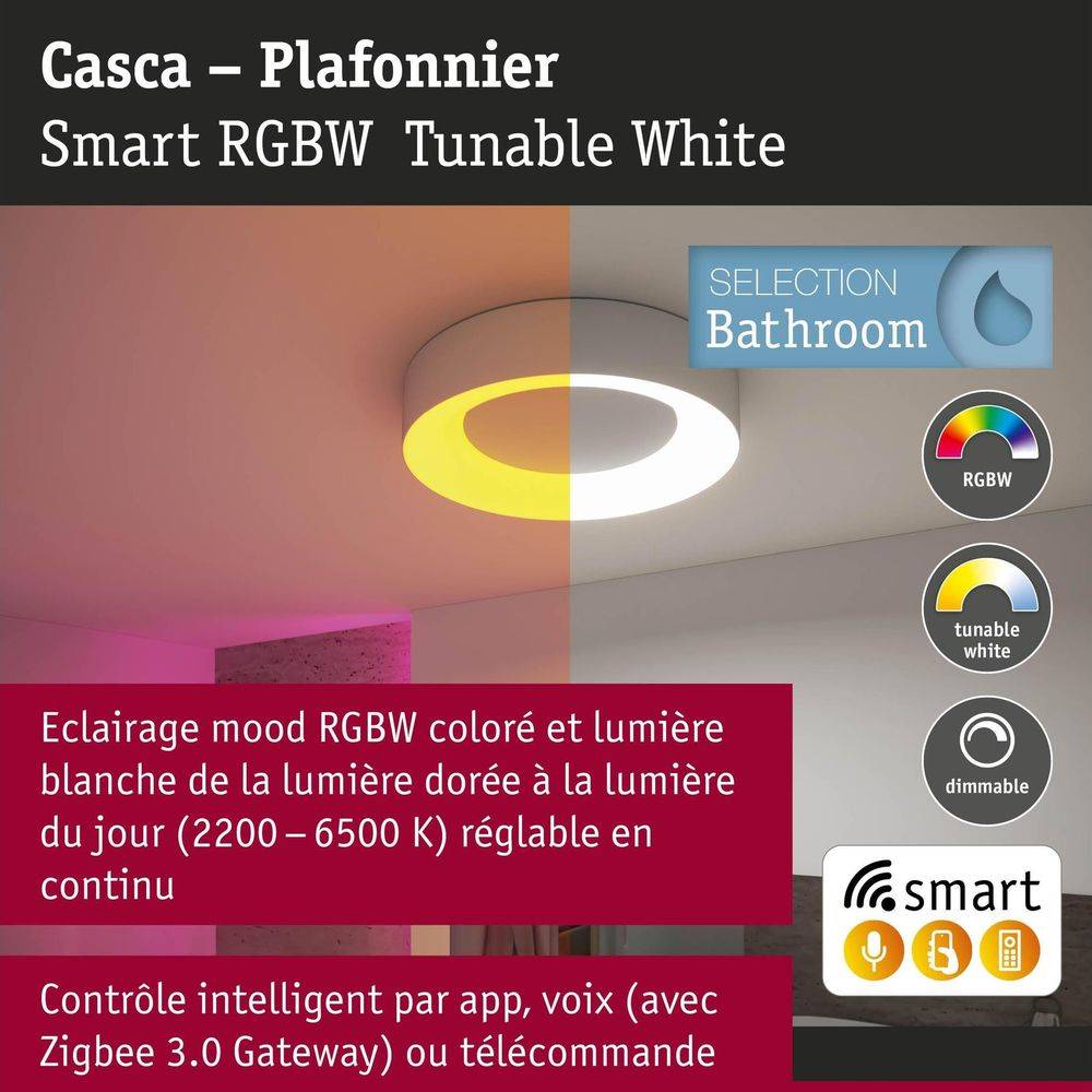 Plafonnier rond RGBW et blanc, dimmable et contrôlable.