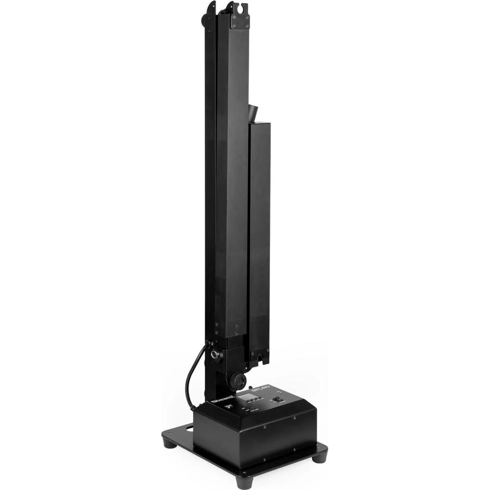 Una pluma vertical rectangular negra con base y panel de control.