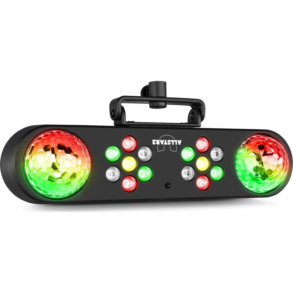 Una luz de fiesta negra con efectos de bola de discoteca y LEDs coloridos.