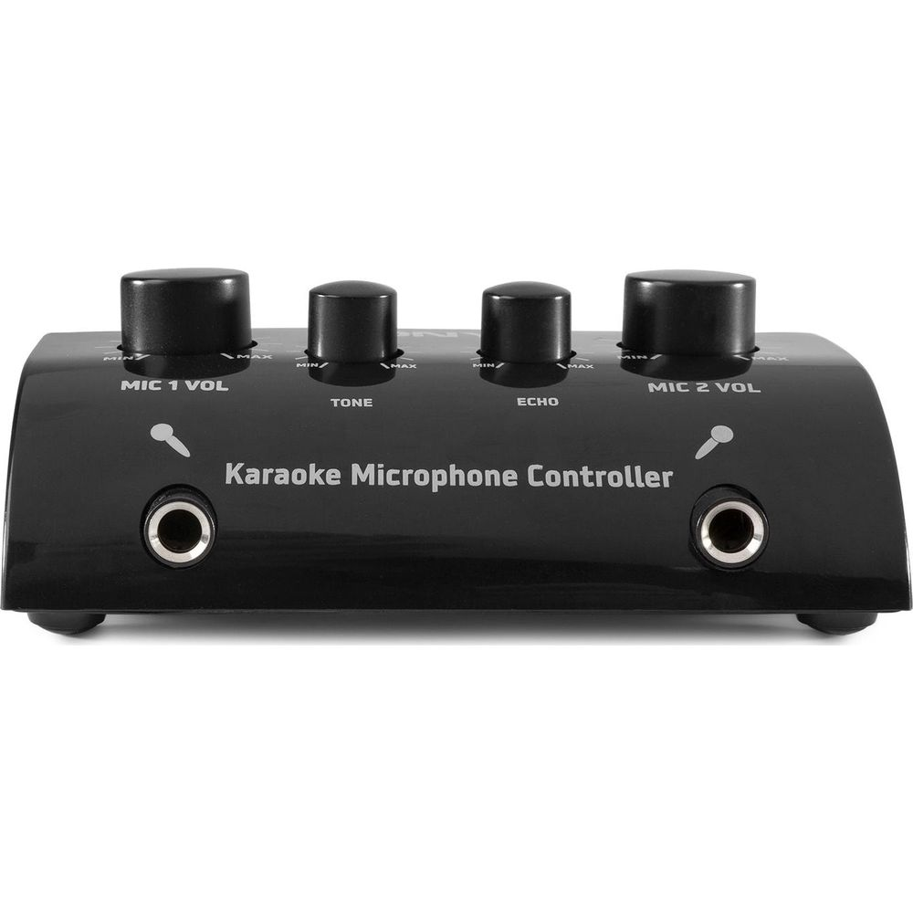 Zwarte karaoke microfoon controller met vier knoppen en twee poorten.