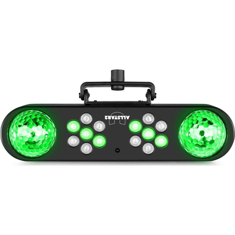 Efecto de luz negro con dos globos verdes y muchas luces pequeñas.