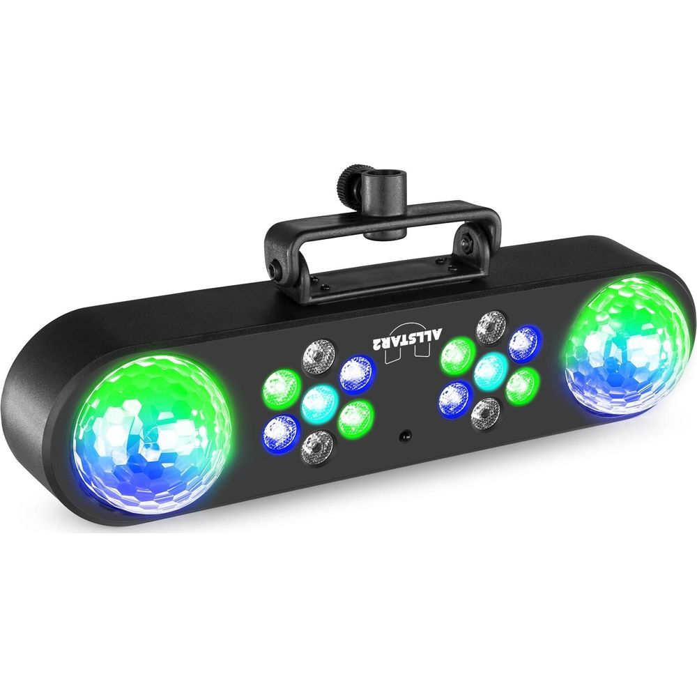 Dispositivo de efecto de luz negra con dos esferas giratorias, iluminadas en azul y verde.