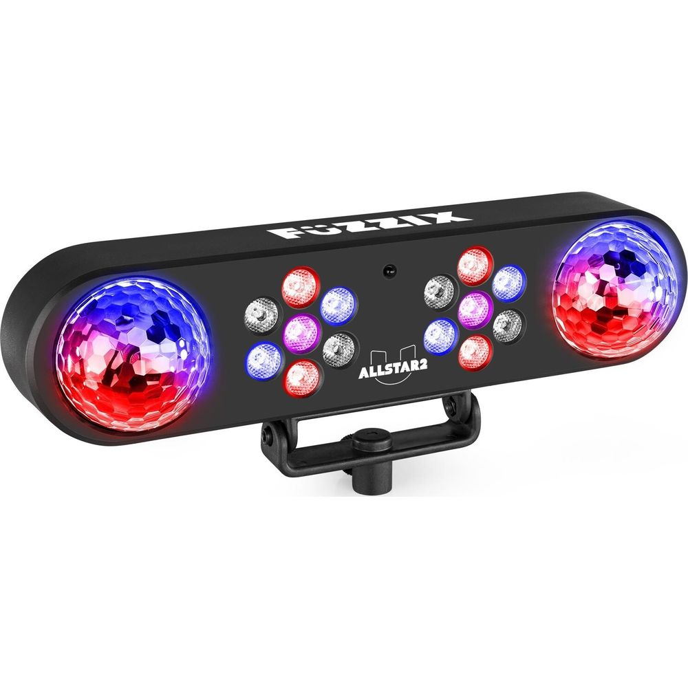 Dispositivo de efecto de luz negro con dos bolas de discoteca, luces rojas y azules.