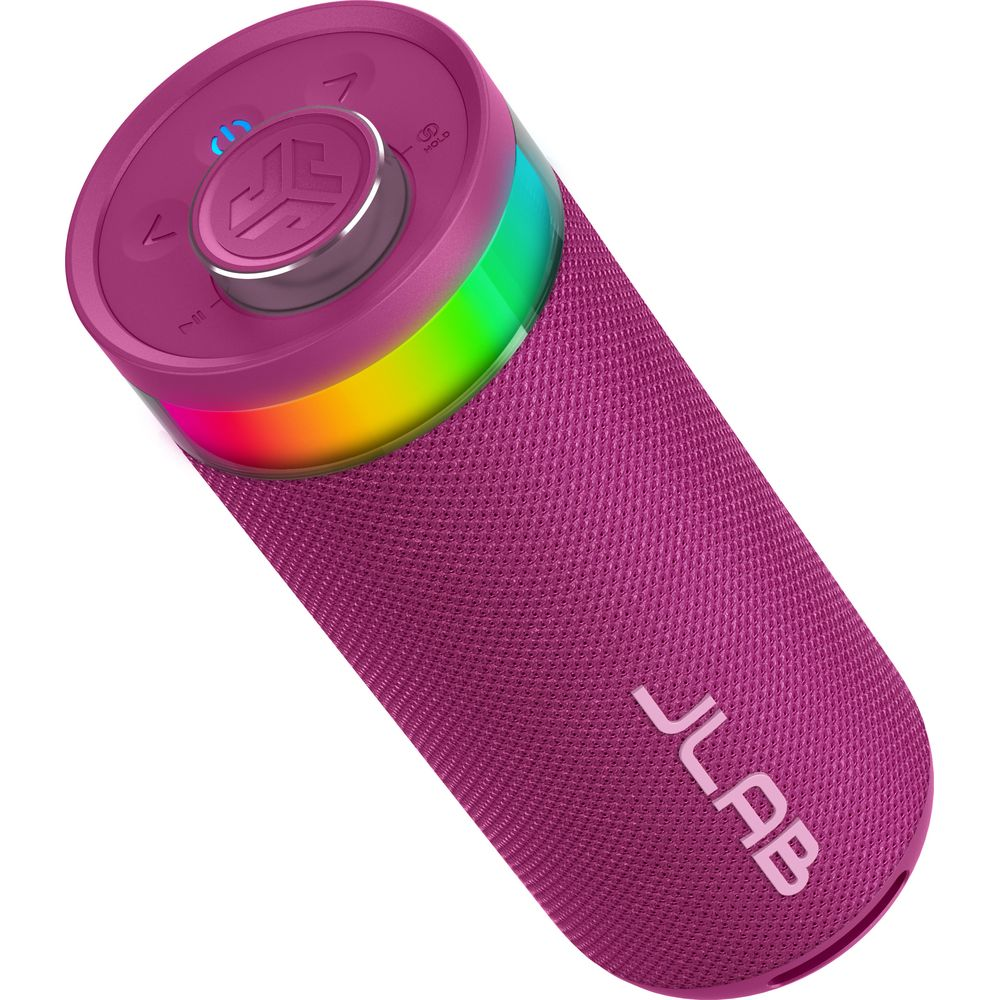 Lila Lautsprecher mit bunten Lichtern und JLAB-Logo.