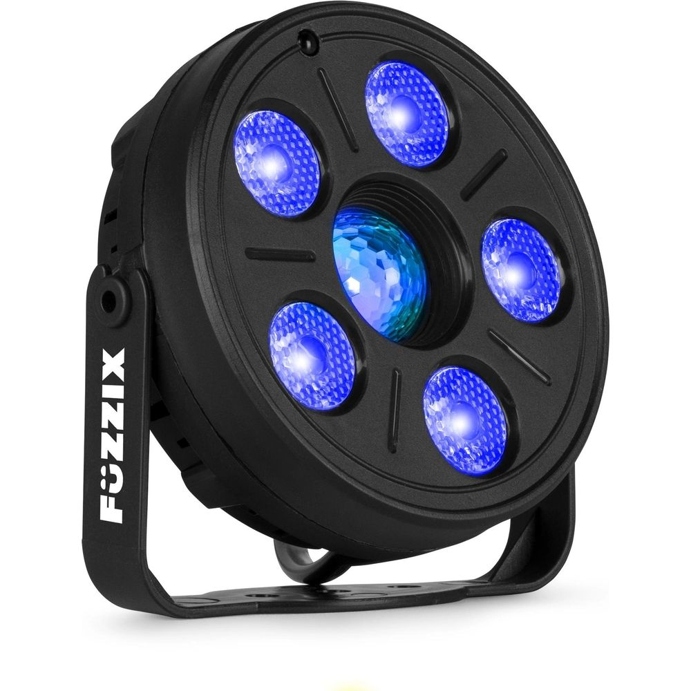 Una luz de escenario negra con LEDs azules, montada en un soporte.