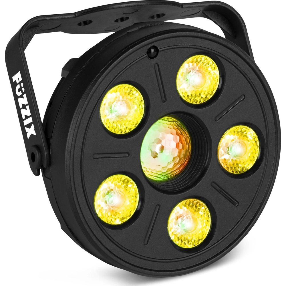 Dispositivo de efecto de luz negro con LEDs amarillos y bola central colorida.