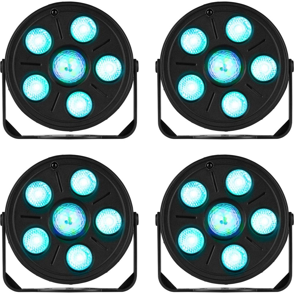 Cuatro luces redondas negras con LEDs azules brillando al frente.