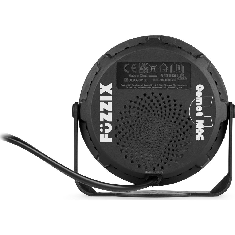 Reverso de un foco negro con inscripciones "Fuzzix" y "Comet M06".