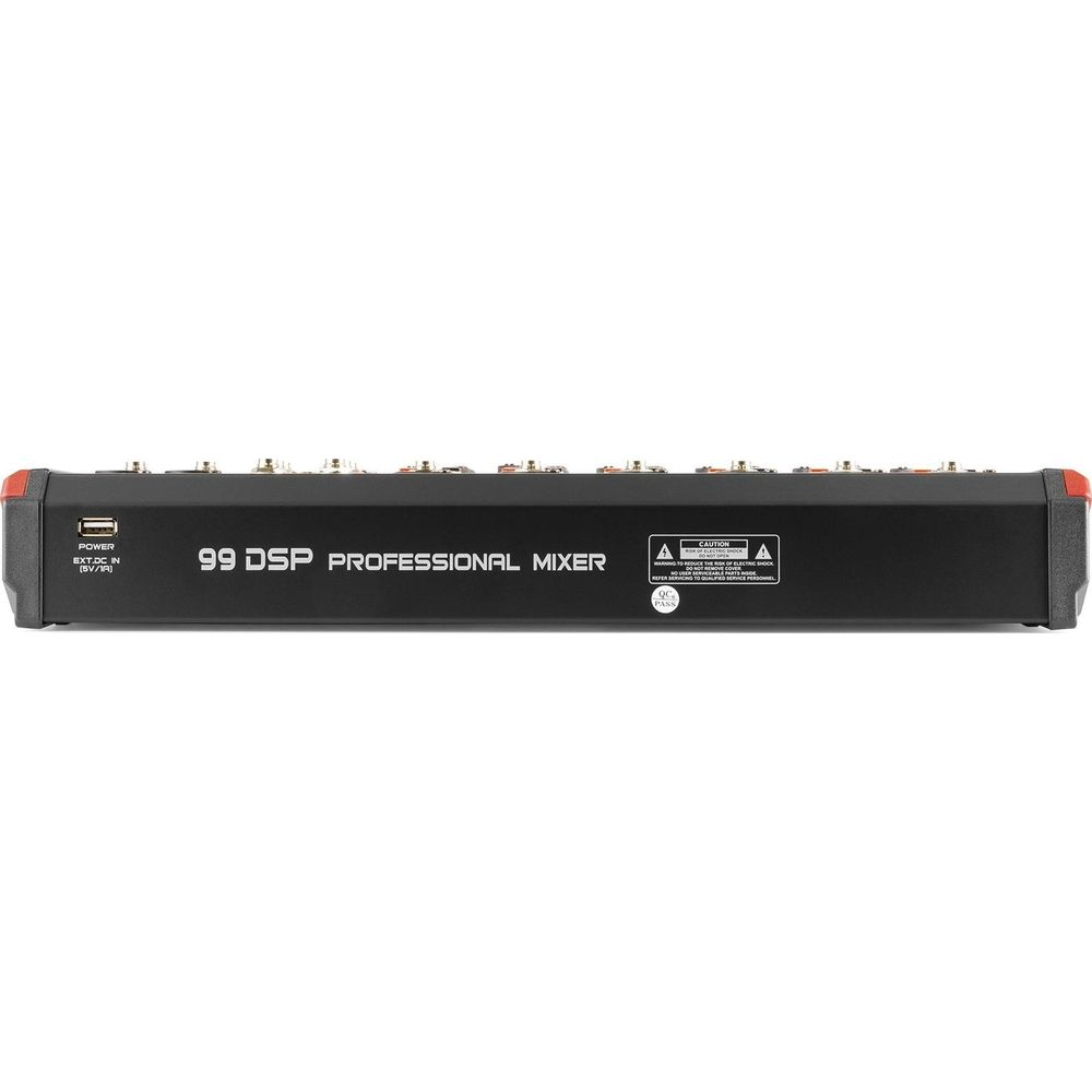 Mezclador negro con etiqueta "99 DSP PROFESSIONAL MIXER" y puertos. Incluye entrada de corriente.