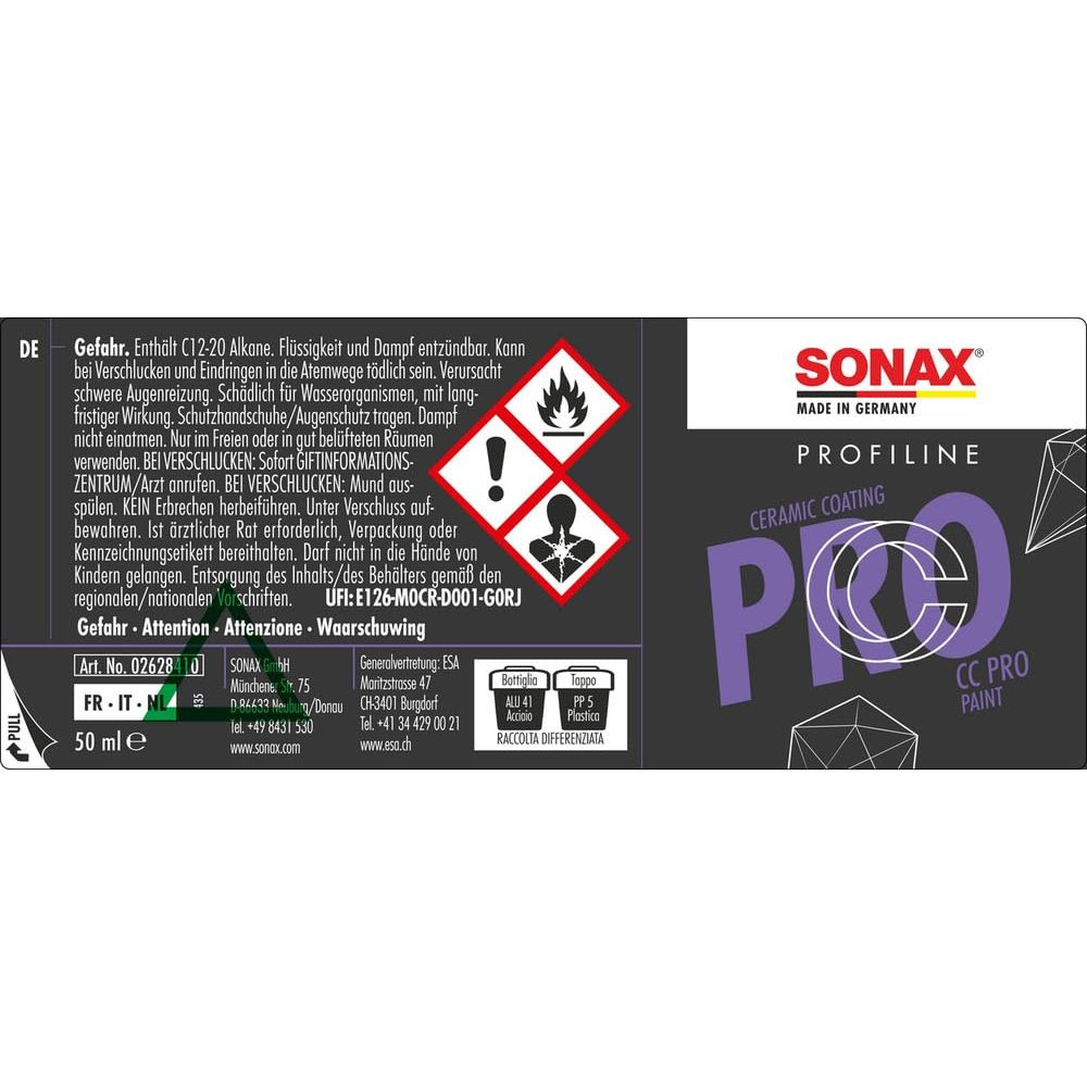 Sonax CC Pro Lackpflege mit Gefahrensymbolen, Inhaltsangaben und Produktinformationen.