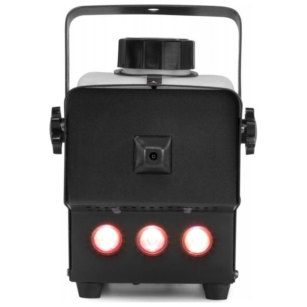 Máquina de humo negra con asa, depósito y tres luces rojas abajo.