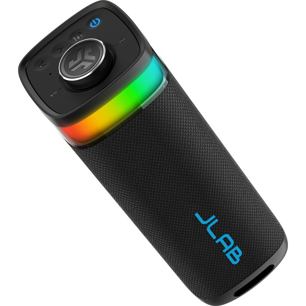 Altoparlante Bluetooth nero con luci LED arcobaleno e logo JLab.