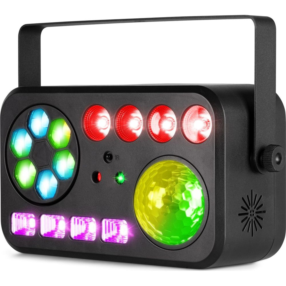 Dispositivo de efecto de luz negro con luces rojas, verdes, azules y moradas.