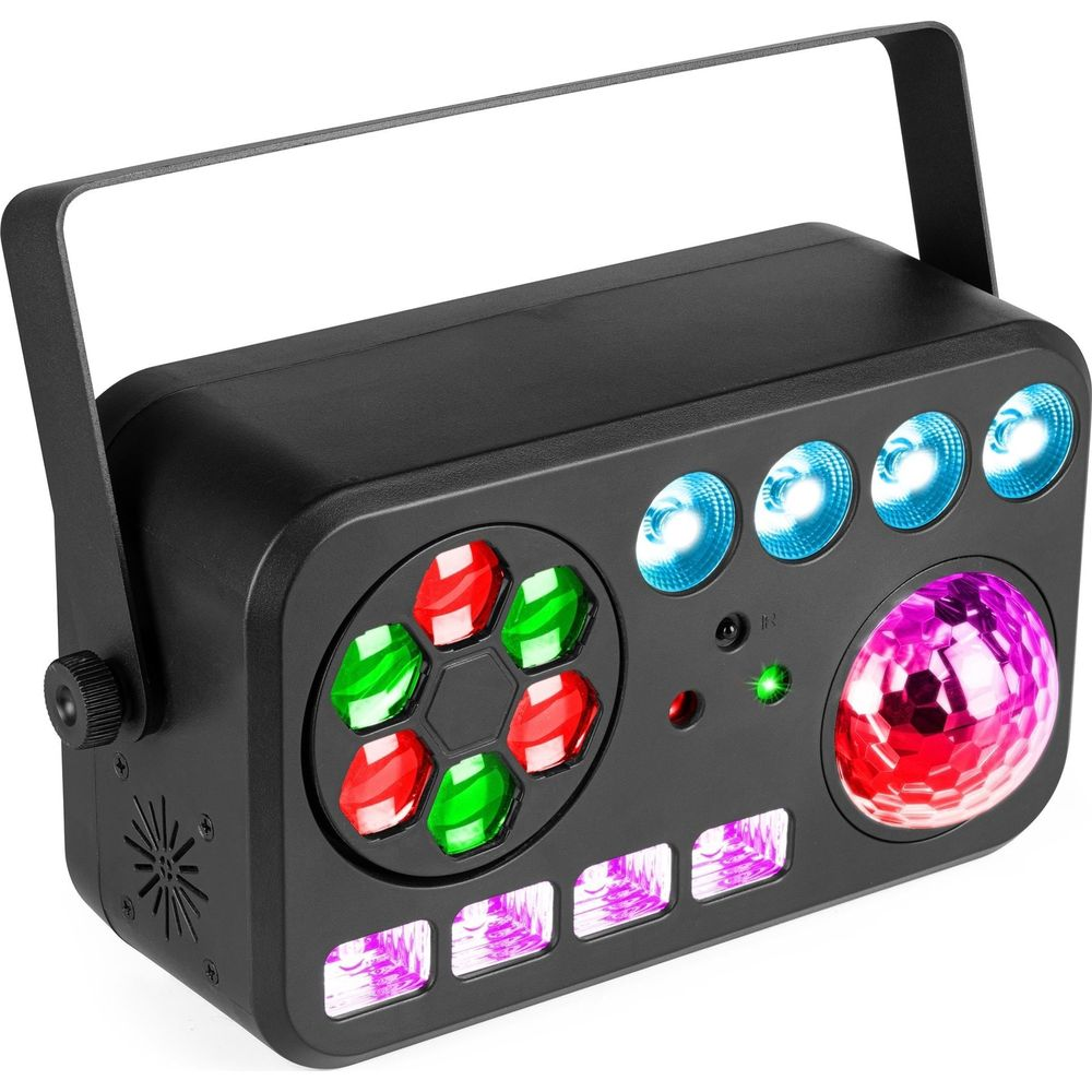 Una luz de fiesta negra con luces rojas, verdes y azules, y una bola de discoteca giratoria.