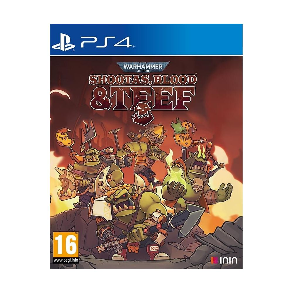 Copertina gioco PS4 con orchi di Warhammer 40.000 che brandiscono armi.