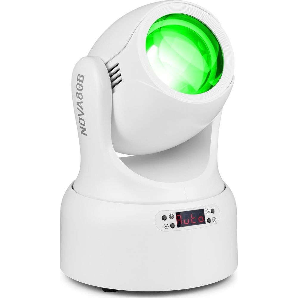 Foco blanco móvil con luz LED verde y pantalla digital.