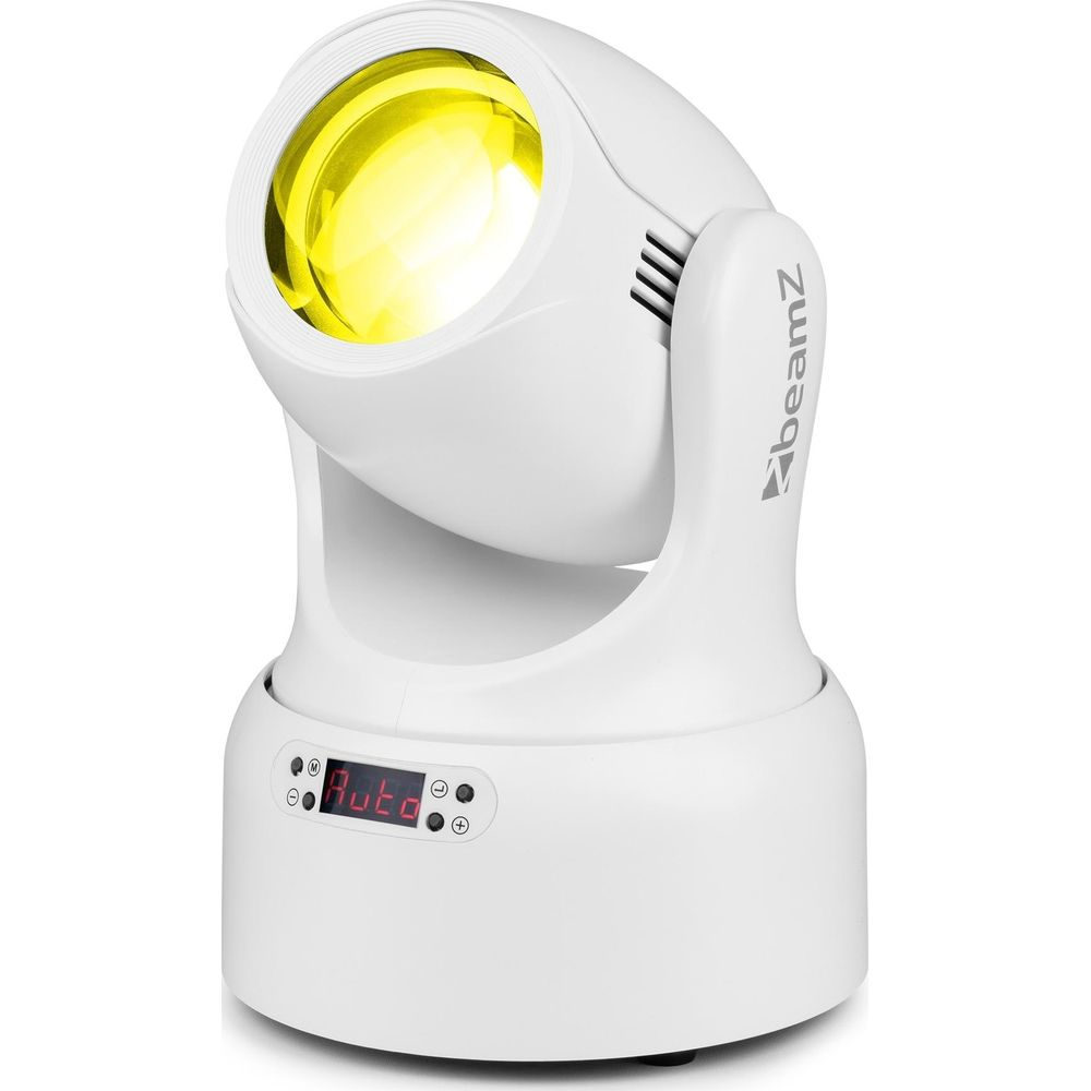 Un foco blanco que emite luz amarilla con pantalla digital.