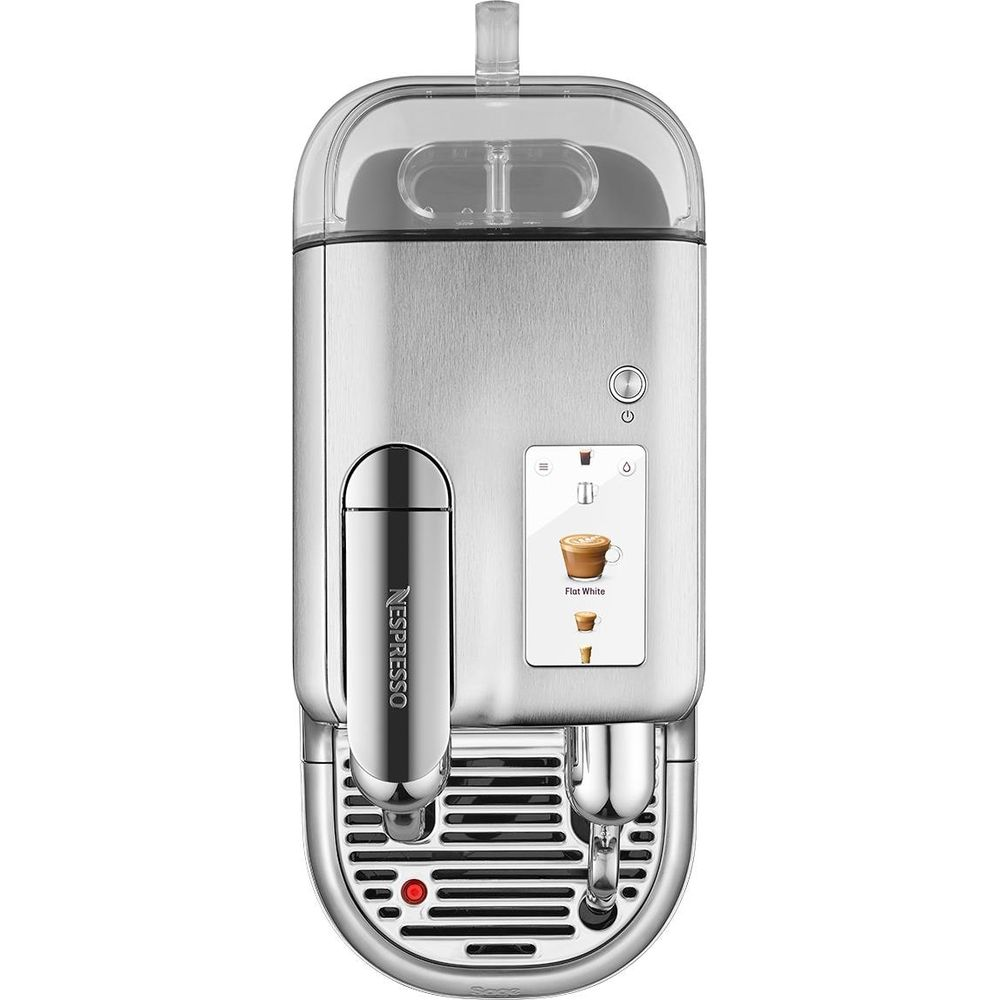 Macchina da caffè argentata con touchscreen, mostra Flat White.