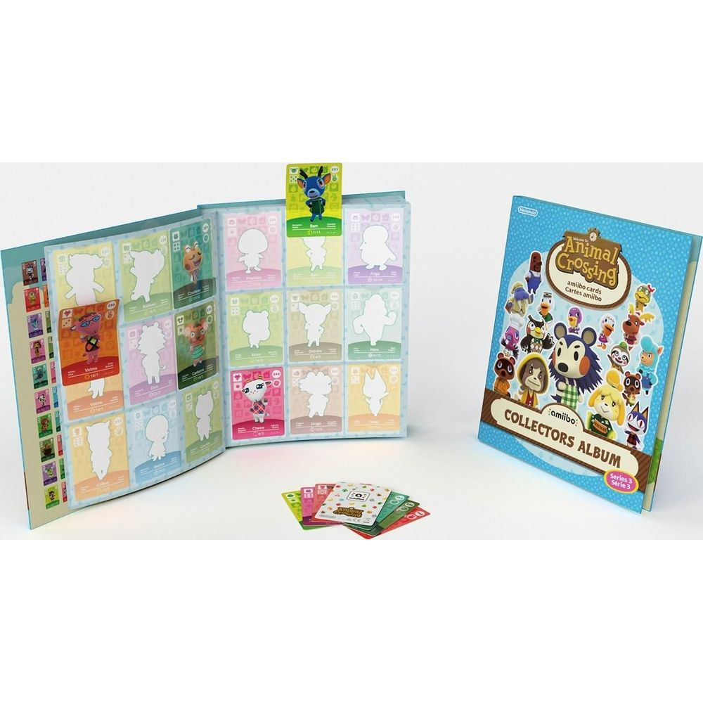 Animal Crossing Amiibo-Karten-Sammelalbum mit ausgelegten Karten.