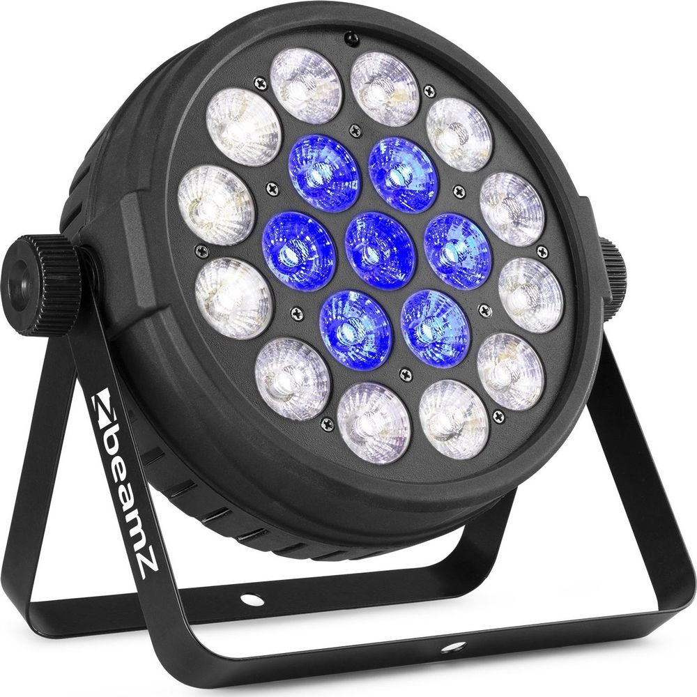 Una luz de escenario negra con LEDs azules y blancos sobre un soporte negro.