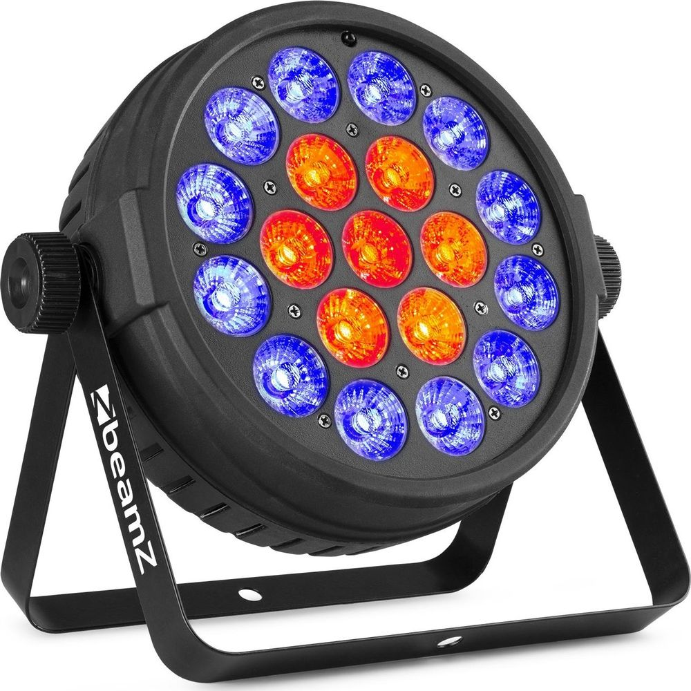Un foco negro redondo con luces azules y naranjas sobre un soporte.