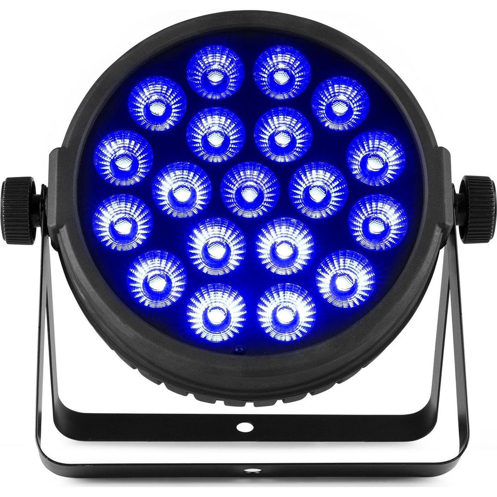 Un foco redondo negro con 16 LEDs azules brilla intensamente.