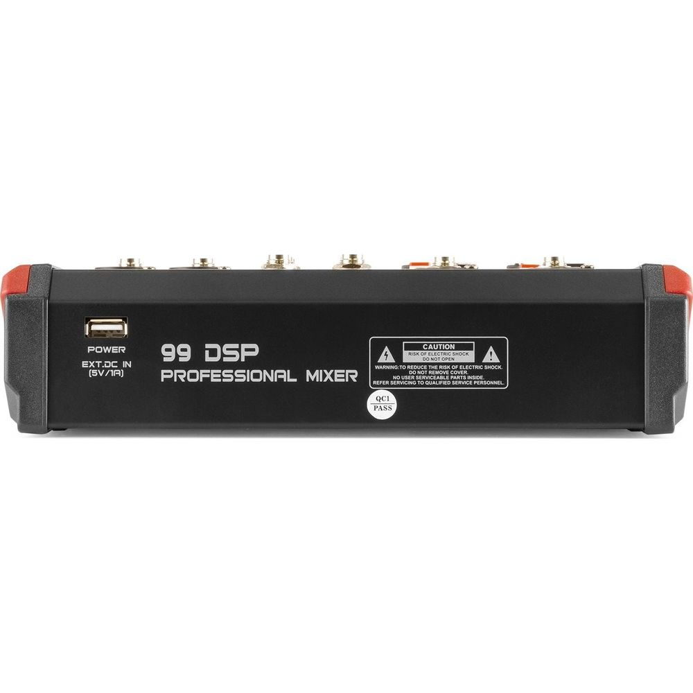 Mezclador profesional negro 99 DSP con etiquetas de alimentación y QC1 PASS. Puerto USB a la izquierda.