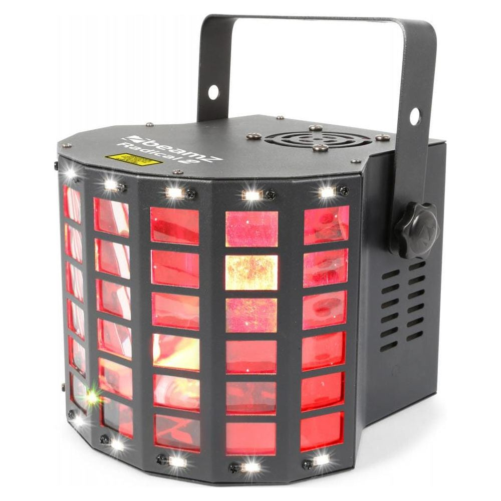 Una unidad de efecto de luz negra con luces rojas y borde LED blanco.