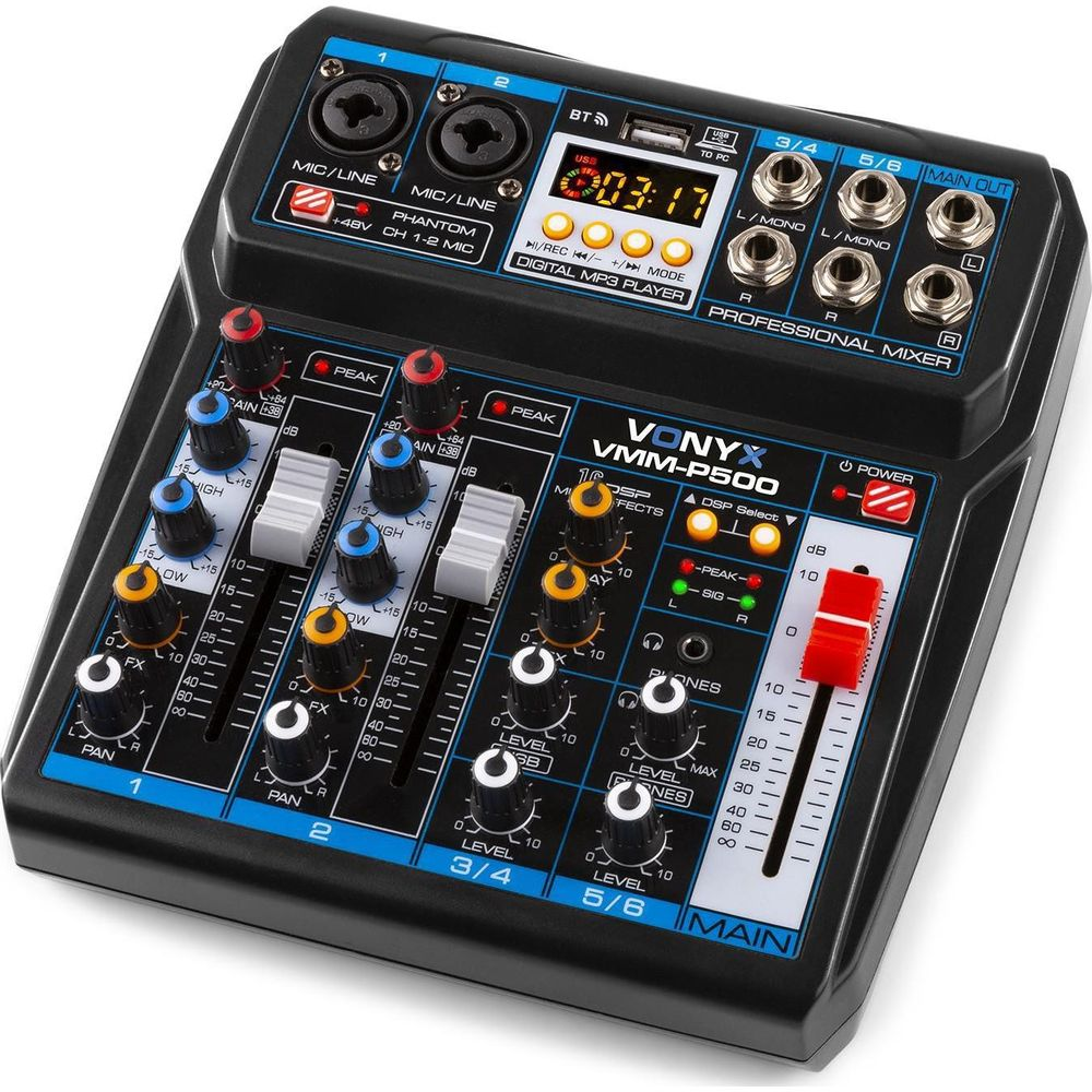 Un mezclador de audio Vonyx VMM-P500 compacto con perillas, deslizadores y puertos.