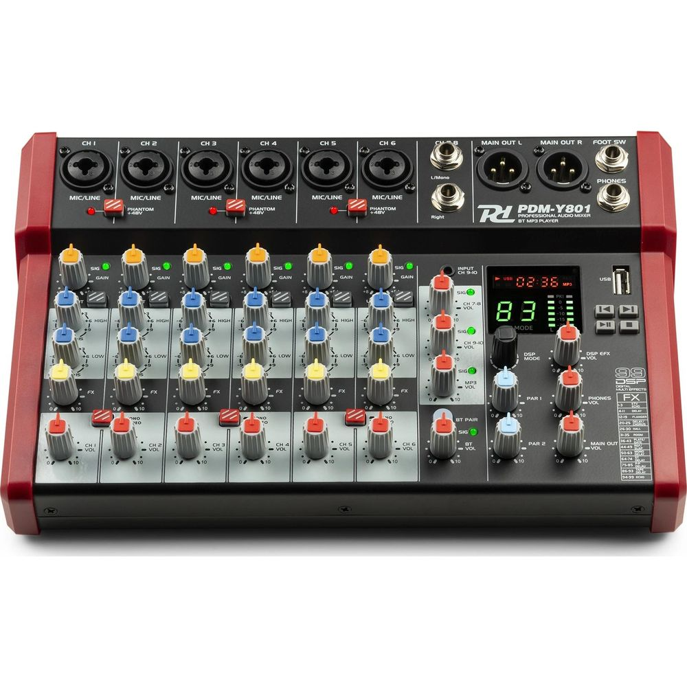 Una mesa de mezclas roja con muchos botones y deslizadores para audio.