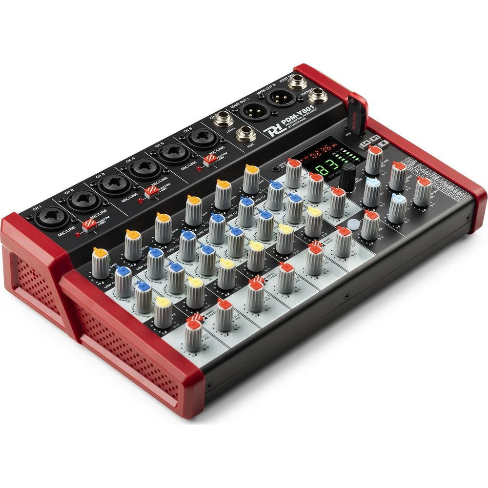Una mezcladora de audio roja y negra con muchos botones y entradas.