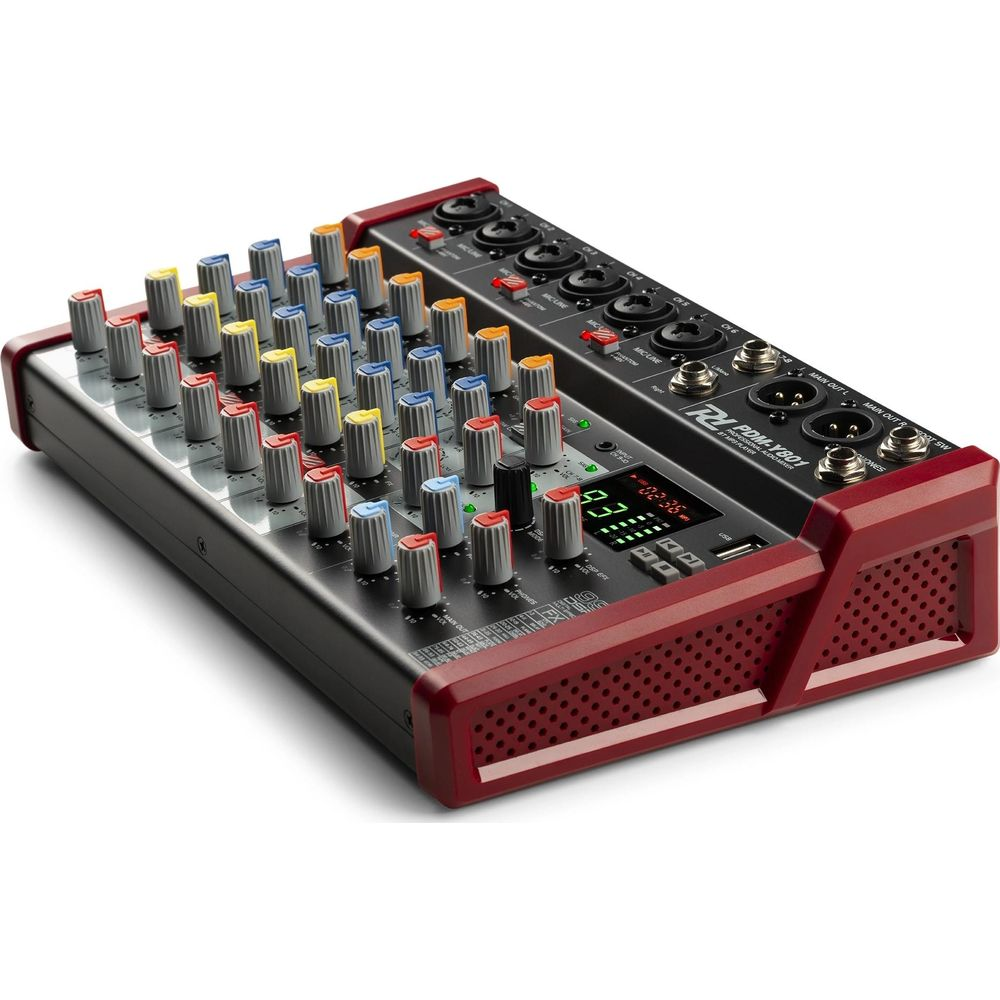 Una mesa de mezclas de audio roja y negra con muchos botones y puertos.