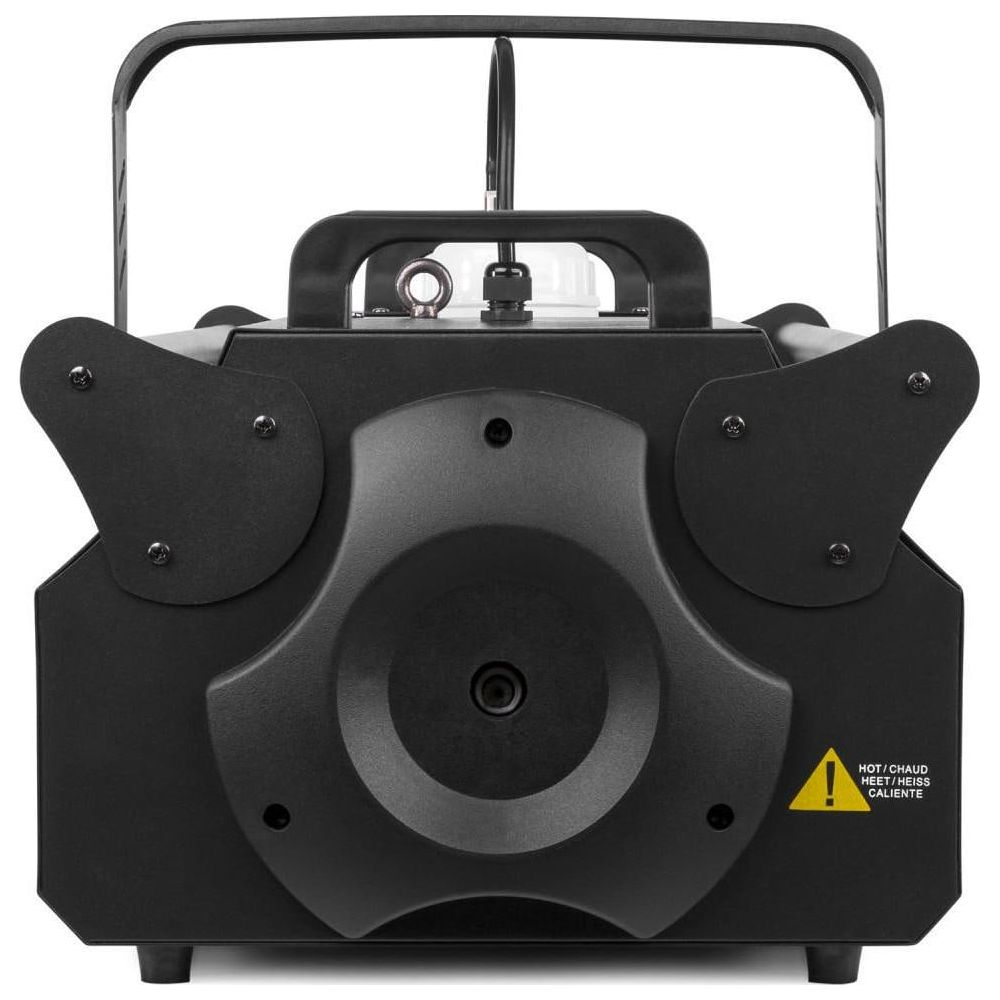 Máquina de humo negra con asa y símbolo de advertencia de alta temperatura.