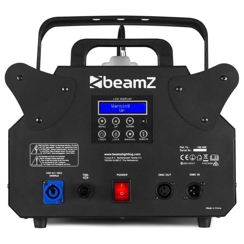 Máquina de humo BeamZ negra con pantalla LCD que muestra 'Warming Up'.