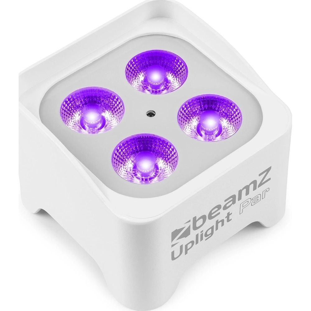 Foco blanco compacto con cuatro LEDs morados y reflectores texturizados.