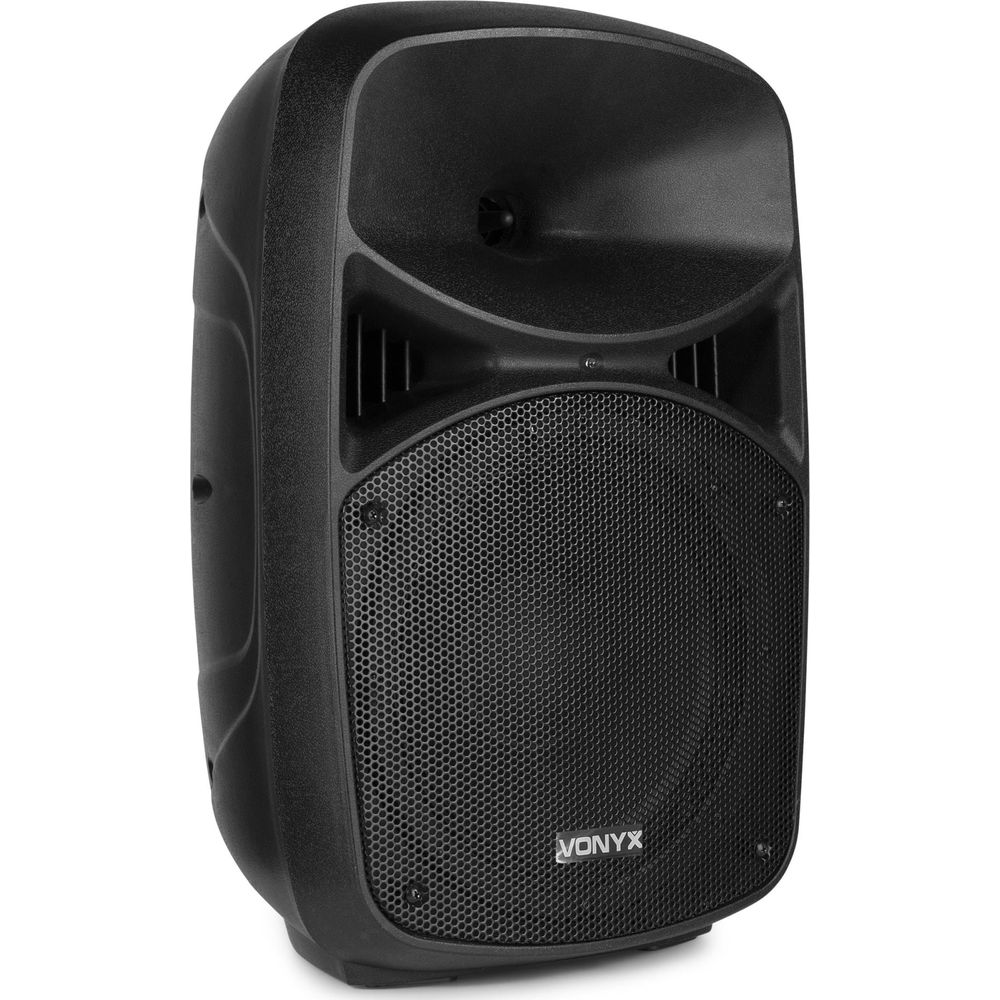 Altavoz Vonyx negro con rejilla y trompeta.
