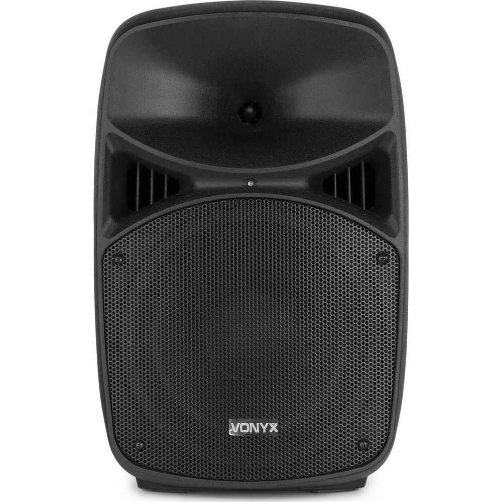 Altavoz negro con logo Vonyx en rejilla, fondo blanco.