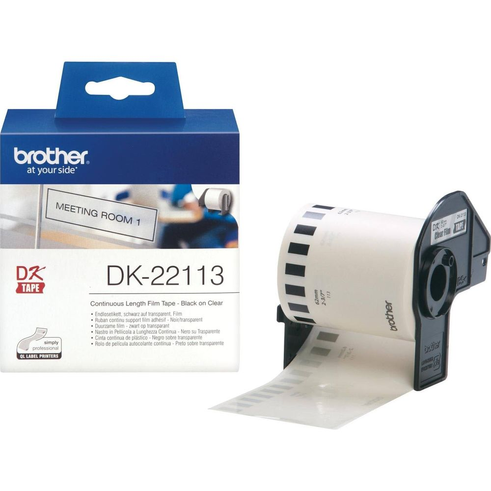 Rotolo e confezione nastro continuo Brother DK-22113 su sfondo bianco.