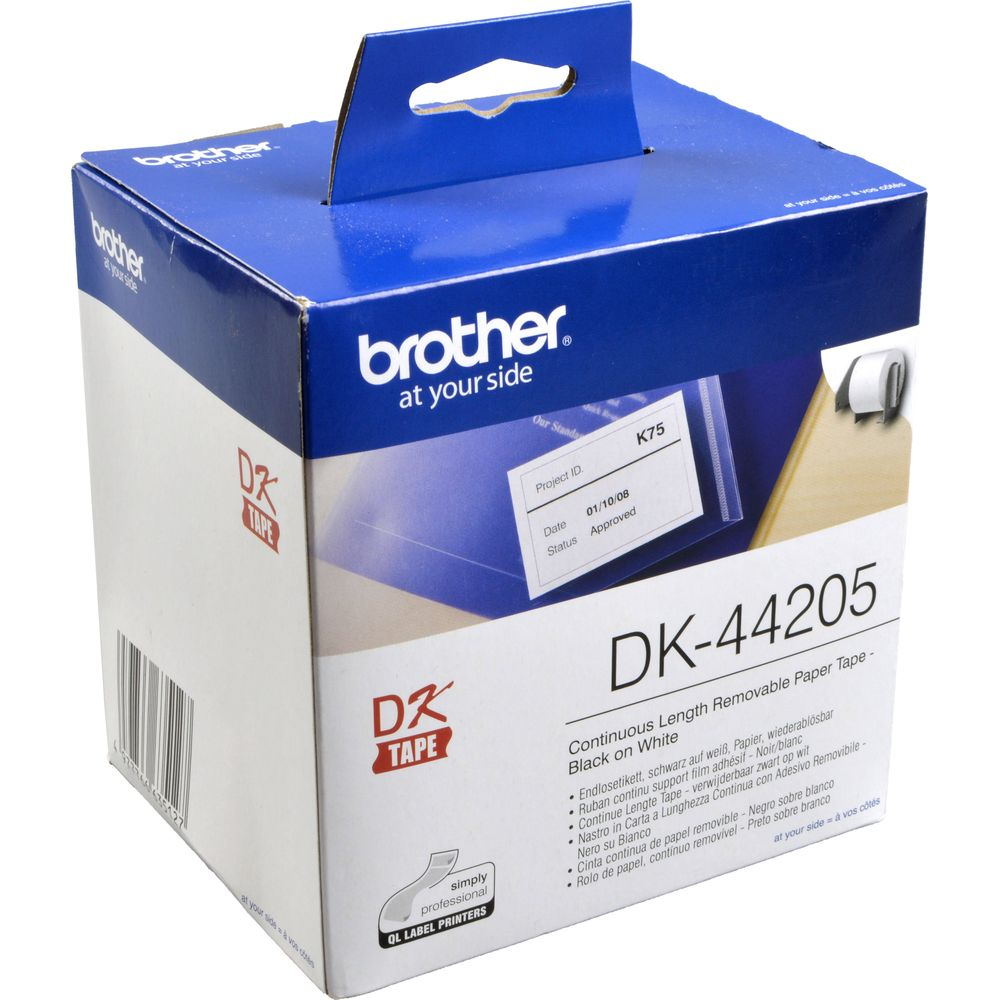 Verpackung für Brother DK-44205 endloses abnehmbares Papierband, schwarz auf weiß.
