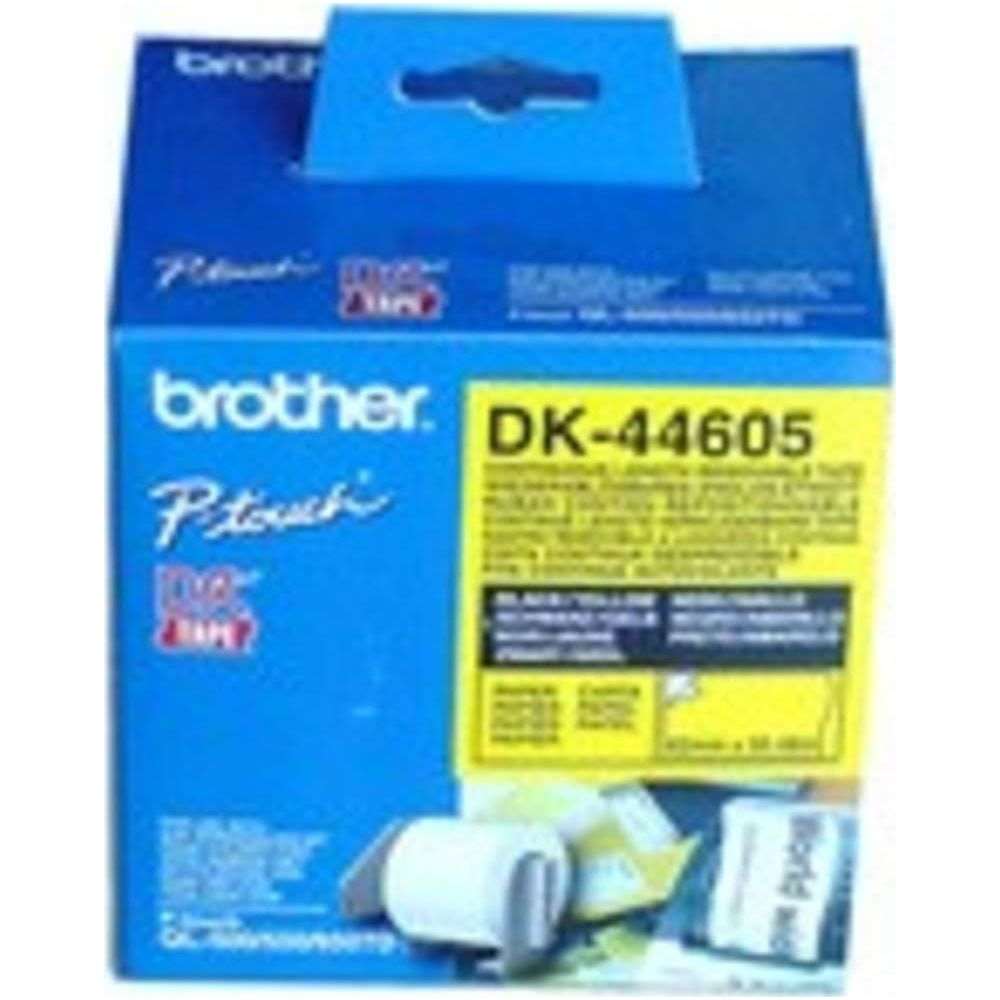 Blauer Brother DK-44605 Etikettenkarton mit gelbem Aufdruck und Rolle.