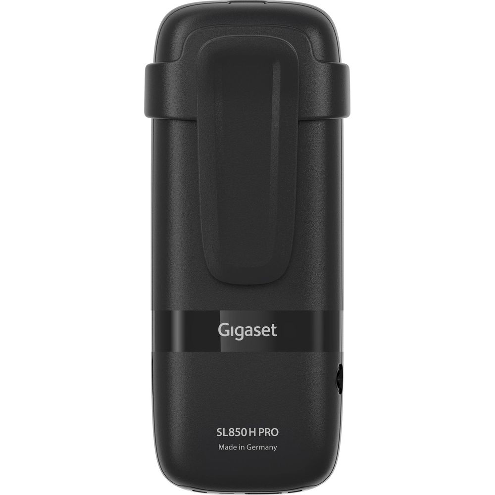 Schwarzes Gigaset SL850 H PRO Mobilteil mit Gürtelclip. Hergestellt in Deutschland.