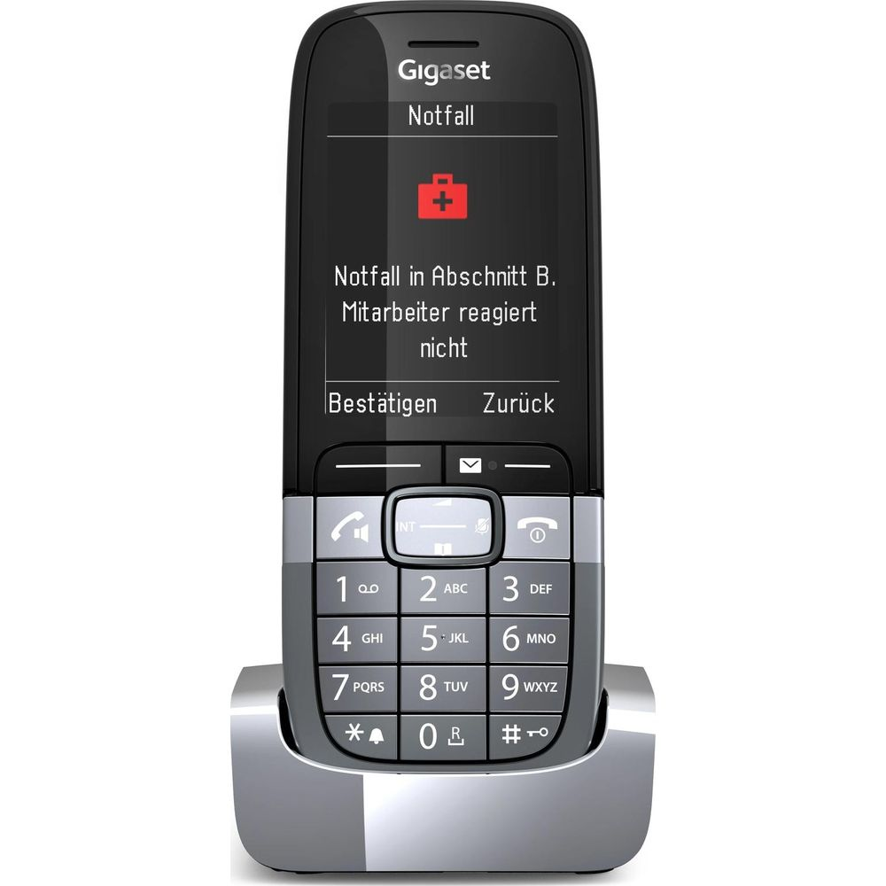Gigaset Notfall-Telefon mit Display, das eine Notfallmeldung anzeigt.