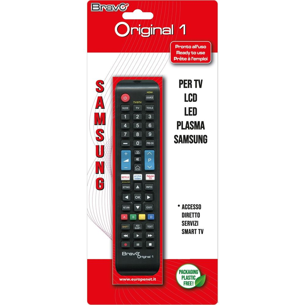 Samsung TV-Fernbedienung in Originalverpackung, mit Zahlen und App-Tasten.