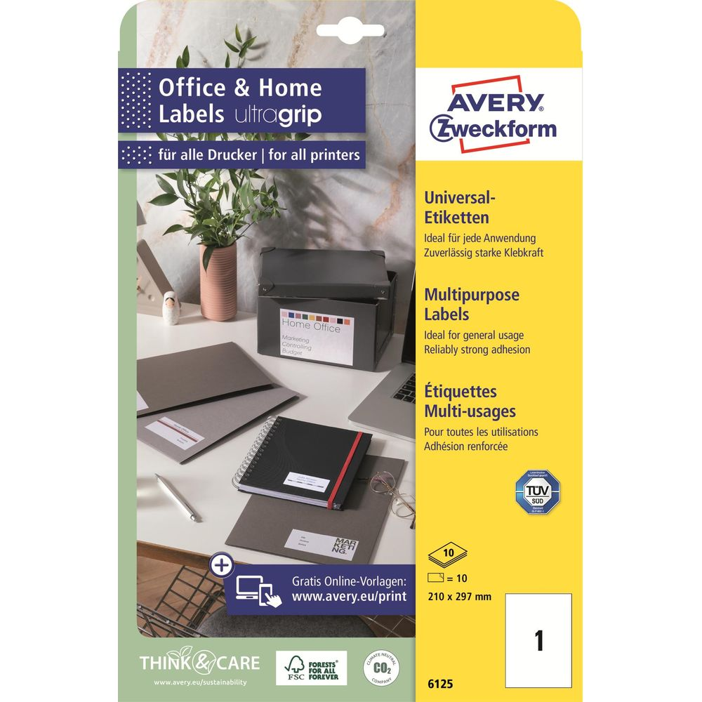 Verpackung für Avery Zweckform ultragrip Etiketten. Mehrzwecketiketten für Büro & Zuhause.