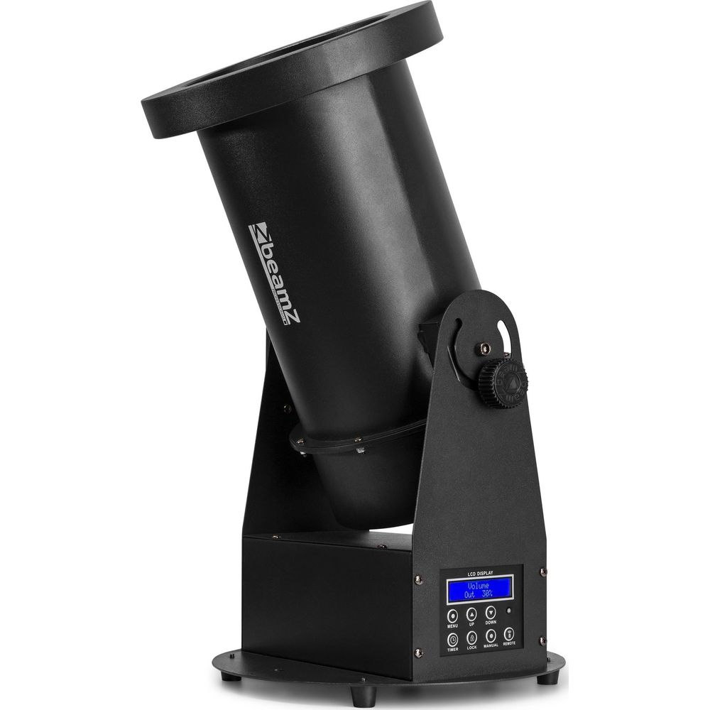 Máquina de humo negra con pantalla LCD y controles en la base.