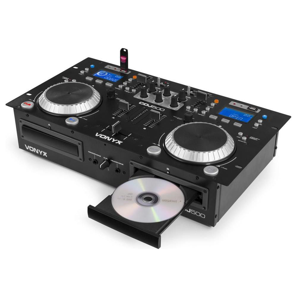 Una mesa de mezclas DJ Vonyx negra con dos platos, deslizadores y una bandeja de CD abierta.