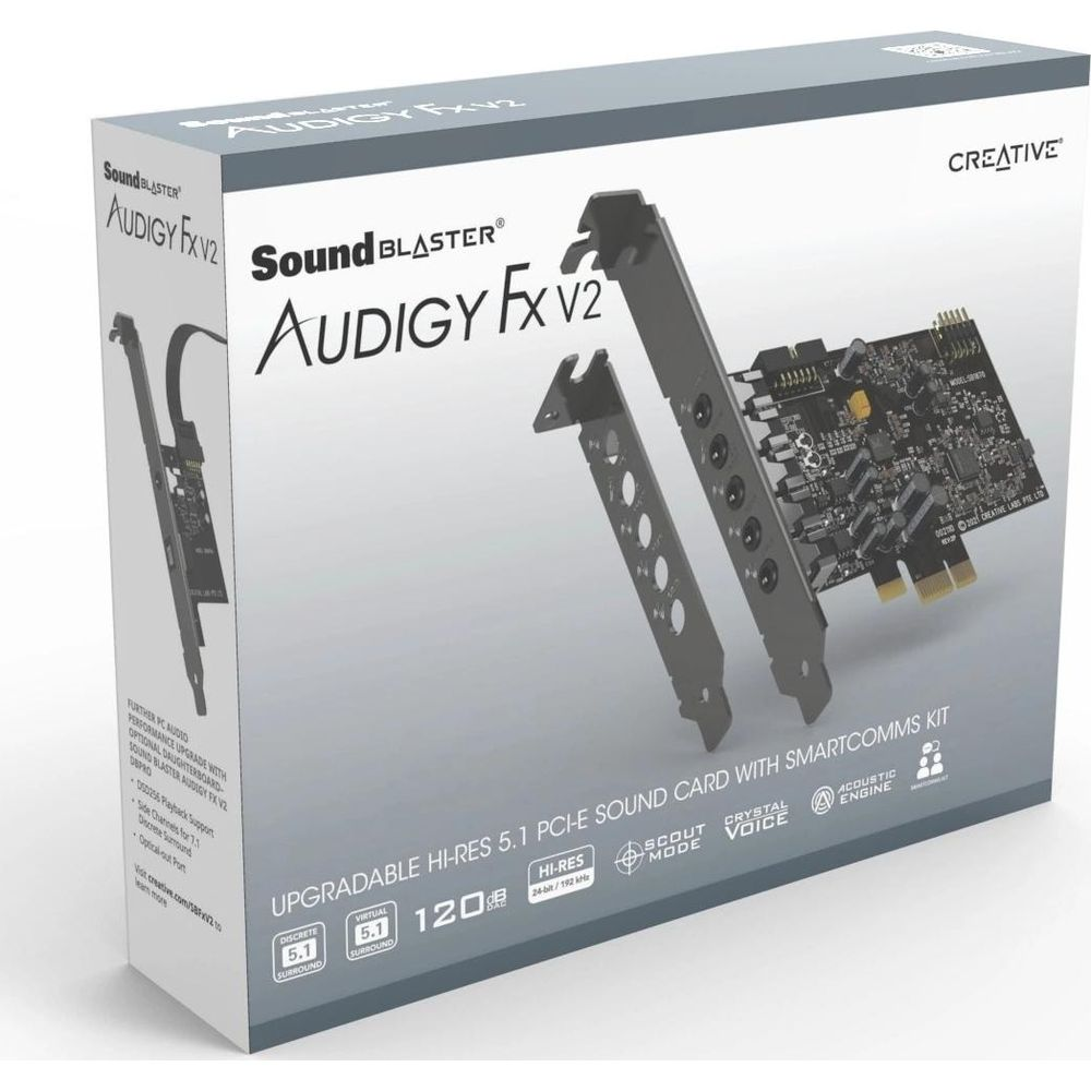 Karta dźwiękowa Creative Sound Blaster Audigy FX V2 PCIe na szarym tle.