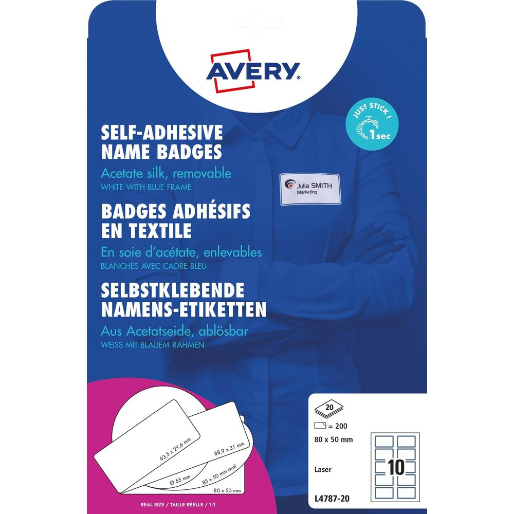Avery Namensetiketten: selbstklebend, weiß mit blauem Rahmen, 20 Stück.
