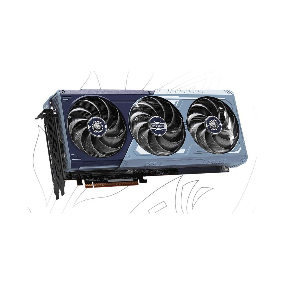 Karta graficzna z trzema wentylatorami i niebieską obudową.
