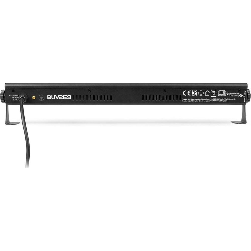 Barra de luz negra con puertos, modelo BUV2123 y marcas de certificación.